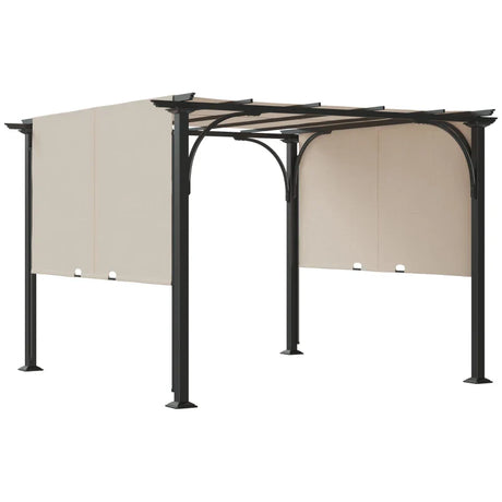 3m x 3m Retractable Pergola – Beige Canopy Roof with Cross Bars & Ground Stakes, Outdoor Patio Shade Shelter