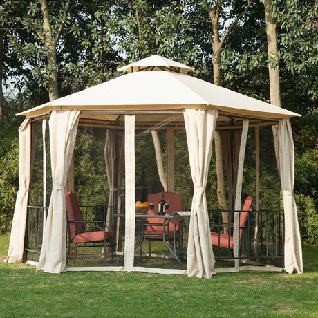 Beige 3m x 3m Hexagonal Gazebo With Curtains
