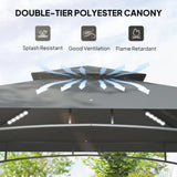 8' x 5' Dark Grey Double Tiered BBQ Grill Gazebo Canopy with LED Lights, 2 Side Shelves and Hooks