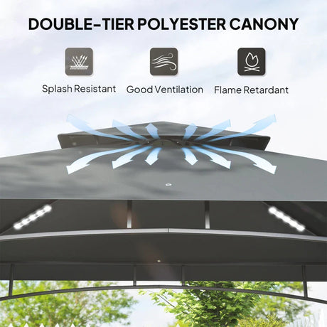 8' x 5' Dark Grey Double Tiered BBQ Grill Gazebo Canopy with LED Lights, 2 Side Shelves and Hooks