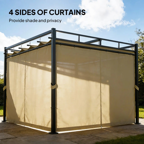 3m x 3m Pergola with Retractable Roof Canopy – UPF30+ Metal Garden Gazebo with Curtains, Outdoor Sun Shade Shelter in Khaki