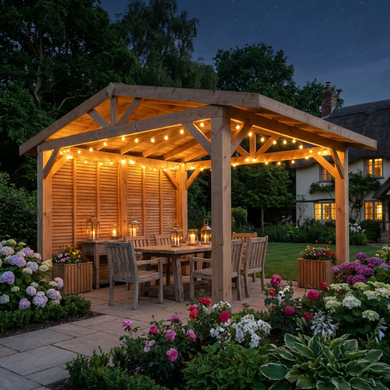 Planed Larch Apex Pergola with Cedar Featheredge Roof – With Overhang Design