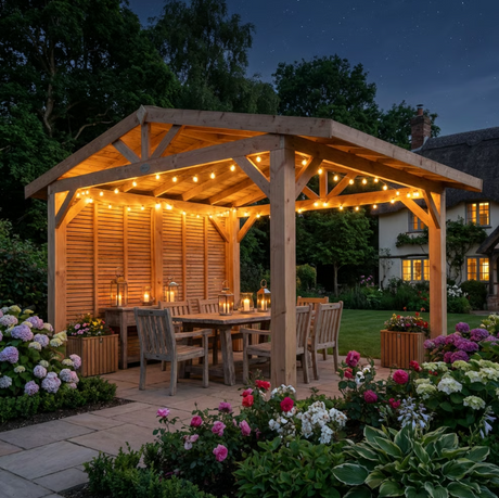 Planed Larch Apex Pergola with Cedar Featheredge Roof – With Overhang Design