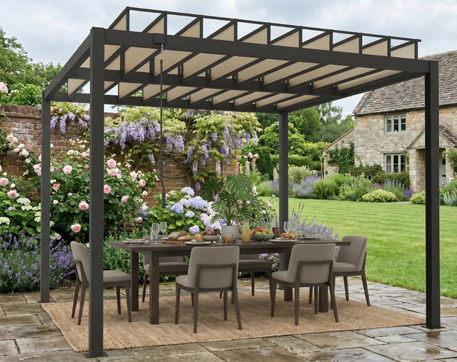 3x3m Aluminium Louvered Pergola with Polycarbonate Roof, Adjustable Panels & Drainage System – Coffee Garden Patio Gazebo