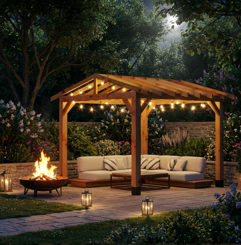 Cedar Pergola with Open Roof – No Overhang Design