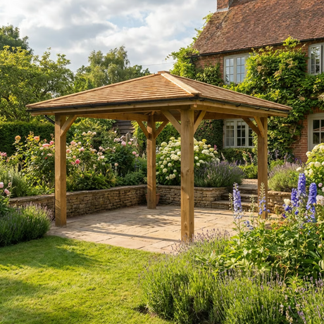 Wooden 4 Pitch Gazebo with Cedar Shingle Roof – Classic Garden Shelter