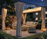 3m x 3m Retractable Metal Pergola Gazebo with Curtains – Outdoor Patio & Deck Shelter, Adjustable Canopy Shade for BBQ & Grill Area, Beige