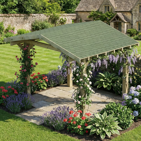 Wooden Gazebo - Katepal Green Shingle Roof - Apex Design - No Overhang