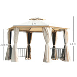 Beige 3m x 3m Hexagonal Gazebo With Curtains