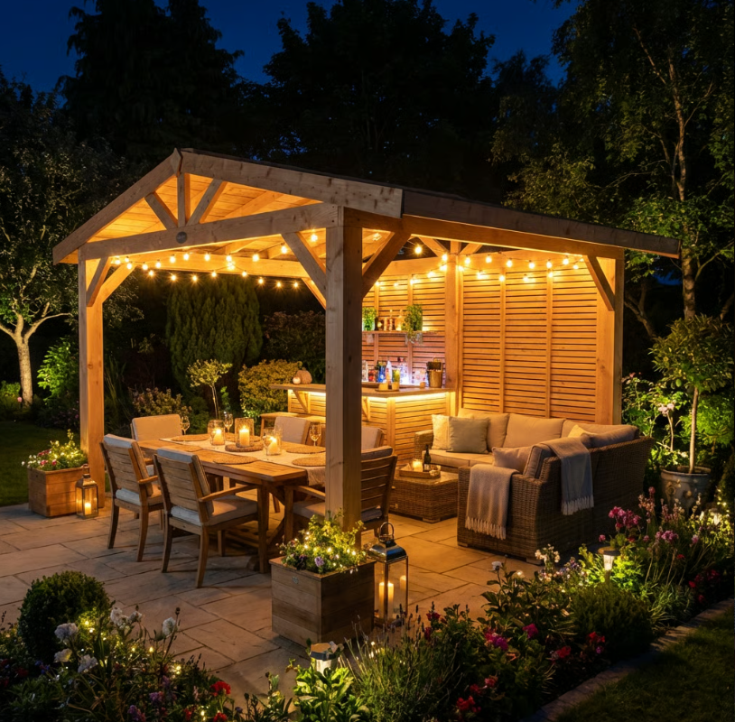Planed Larch Apex Pergola with Cedar Featheredge Roof – With Overhang Design