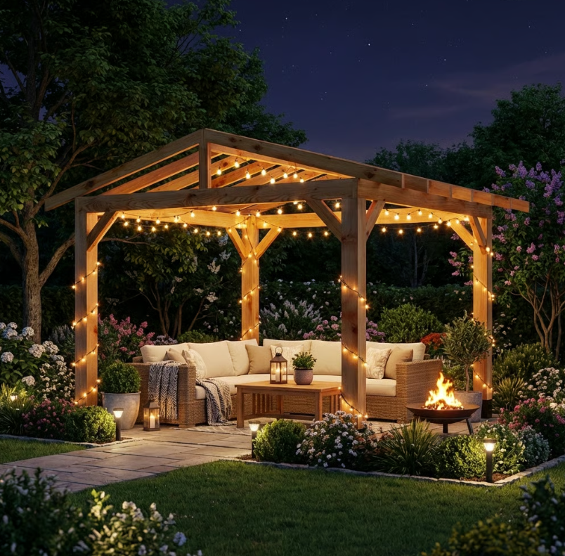 Cedar Pergola with Open Roof – No Overhang Design