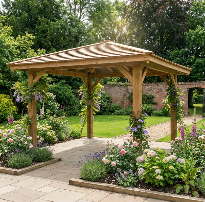 Wooden 4 Pitch Gazebo with Cedar Shingle Roof – Classic Garden Shelter