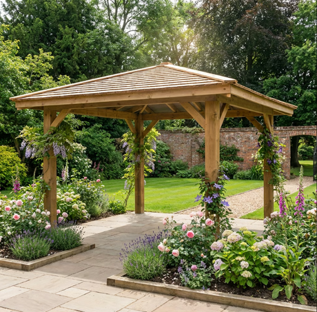 Wooden 4 Pitch Gazebo with Cedar Shingle Roof – Classic Garden Shelter