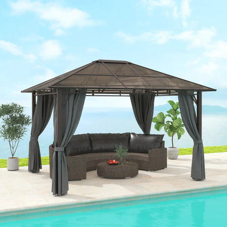 3 x 3.6m Hardtop Gazebo Canopy - Dark Grey Polycarbonate Roof Garden Pavilion with Removable Curtains and Steel Frame