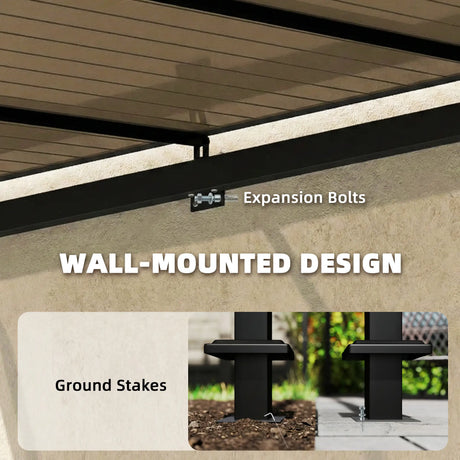 3m x 2.87m Lean-To Pergola with Polycarbonate Roof – Wall-Mounted Hardtop Garden Canopy, Durable Aluminium & Metal Frame Outdoor Patio Cover