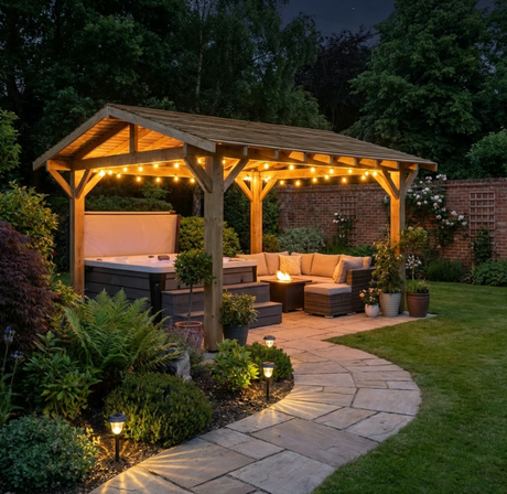 Wooden Apex Gazebo with Cedar Featheredge Roof – With Overhang Design