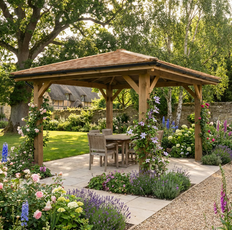 Wooden 4 Pitch Gazebo with Cedar Shingle Roof – Classic Garden Shelter
