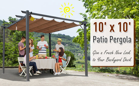 3m x 3m Aluminium Pergola – Brown Retractable Canopy Roof with Pulley System, UV & Water Resistant Garden Shade Shelter with Drainage Grommets