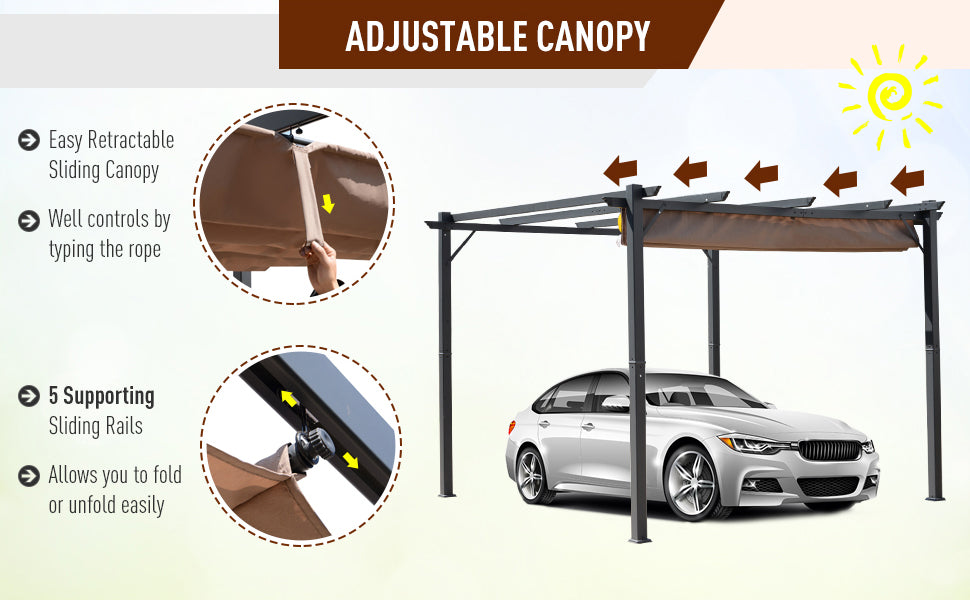 3m x 3m Aluminium Pergola – Brown Retractable Canopy Roof with Pulley System, UV & Water Resistant Garden Shade Shelter with Drainage Grommets