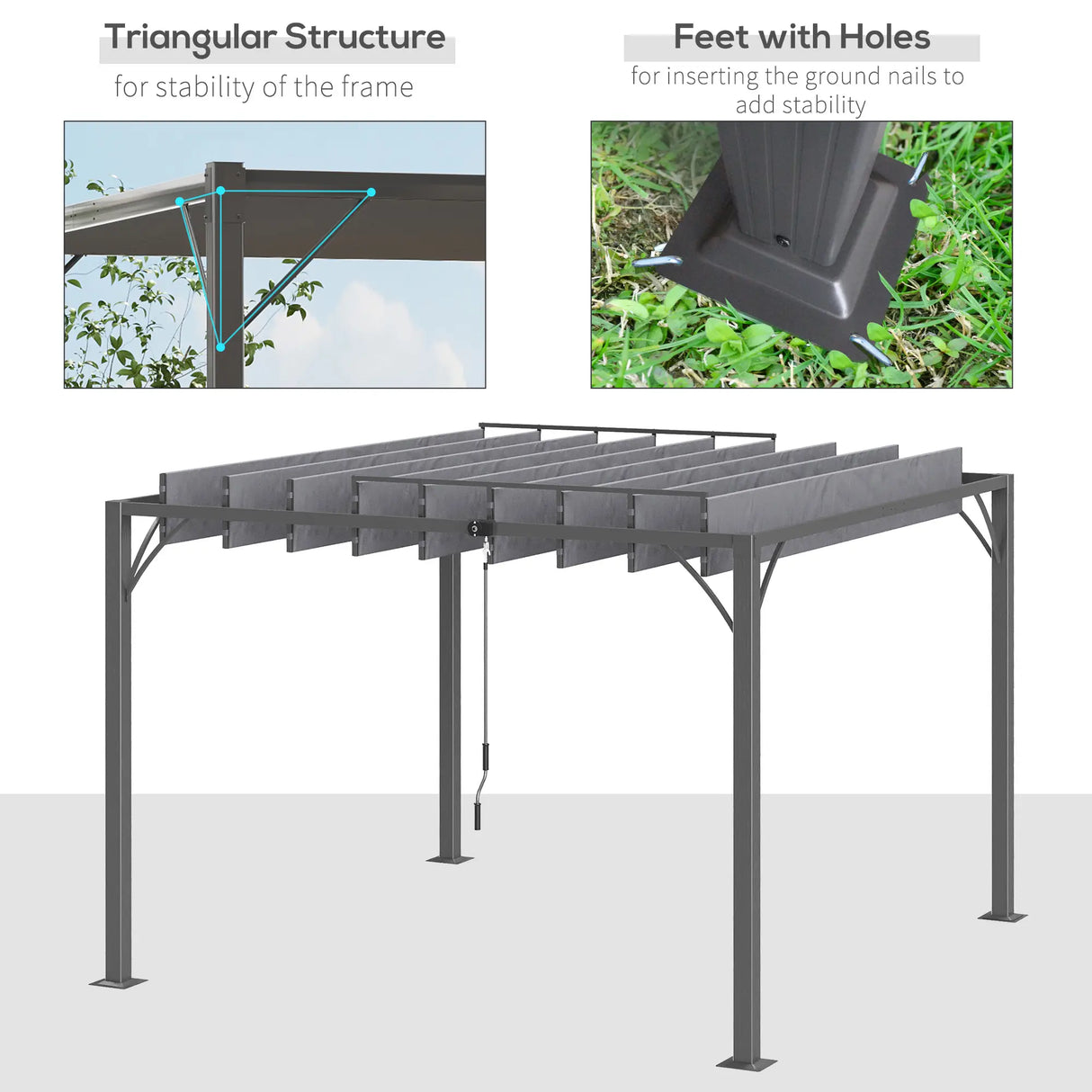 3m x 3m Heavy Duty Aluminium Pergola – Grey Retractable Roof Patio Shelter, Hardtop Style Outdoor Shade Cover