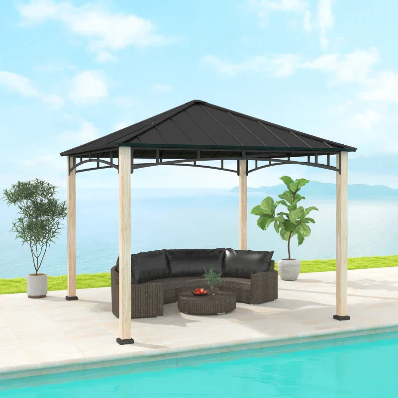 3m x 3m Metal Gazebo – Black Frame with Wood Effect Finish, Outdoor Patio Garden Shelter