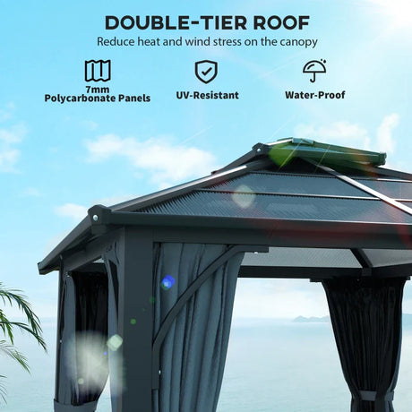 Dark Grey 3m x 3m Hardtop Gazebo - 7mm Double Polycarbonate Roof, Permanent Pavilion with Mosquito Netting and Curtains for Patio and Deck