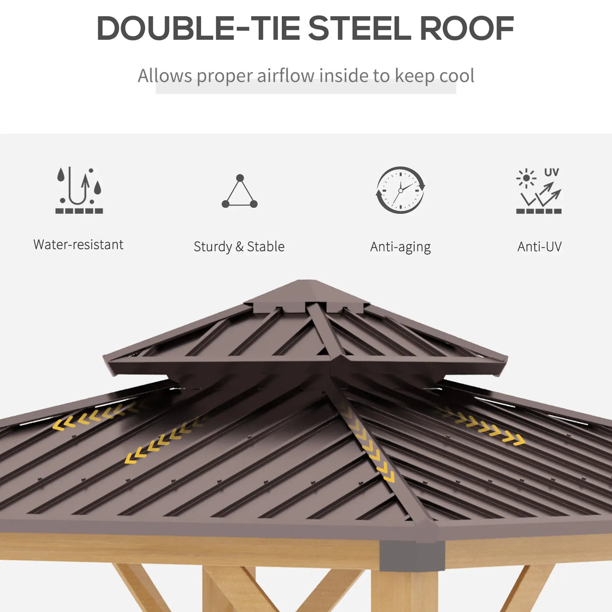 Brown 3m x 3m Hard Top Gazebo With 2-Tier Roof and Solid Wood Frame