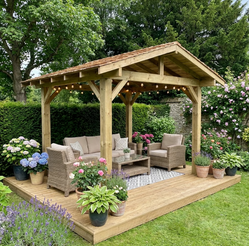 Wooden Apex Gazebo with Cedar Featheredge Roof – With Overhang Design