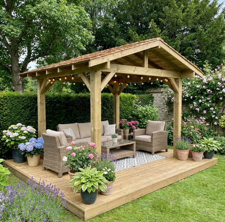 Wooden Apex Gazebo with Cedar Featheredge Roof – With Overhang Design