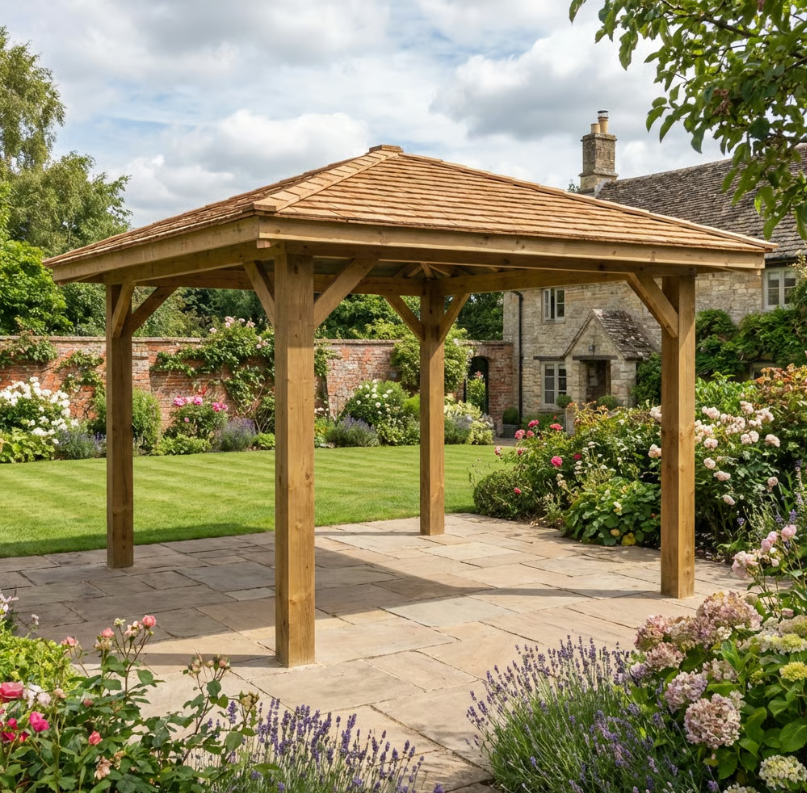 Wooden 4 Pitch Gazebo with Cedar Shingle Roof – Classic Garden Shelter