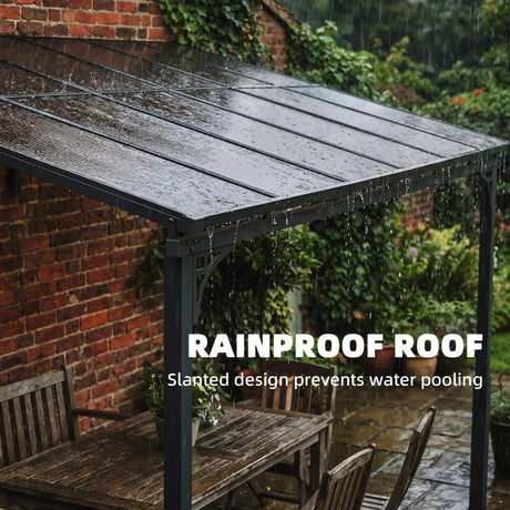 3.4m x 3m Wall-Mounted Lean-To Pergola with Polycarbonate Hardtop Roof – Heavy Duty Aluminium Garden Gazebo, Weather-Resistant Patio & BBQ Shelter, Modern Brown