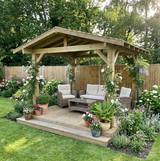 Wooden Apex Gazebo with Cedar Featheredge Roof – With Overhang Design
