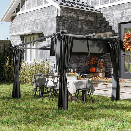 3m x 3m Retractable Roof Pergola – Dark Grey Canopy with Curtains, Outdoor Patio Shade Shelter