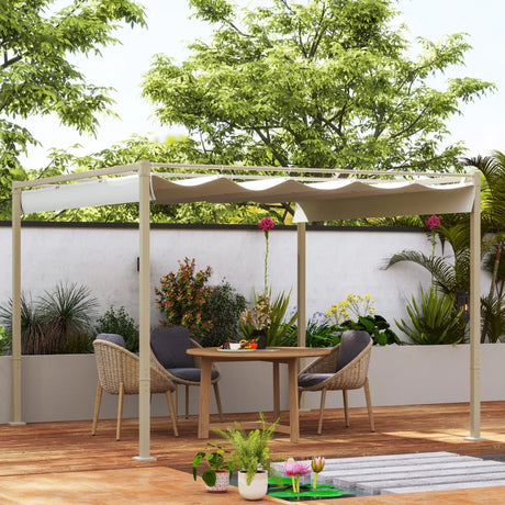 3m x 3m Retractable Pergola – Khaki Sun Shade Canopy UPF30+, Outdoor Patio Garden Shelter