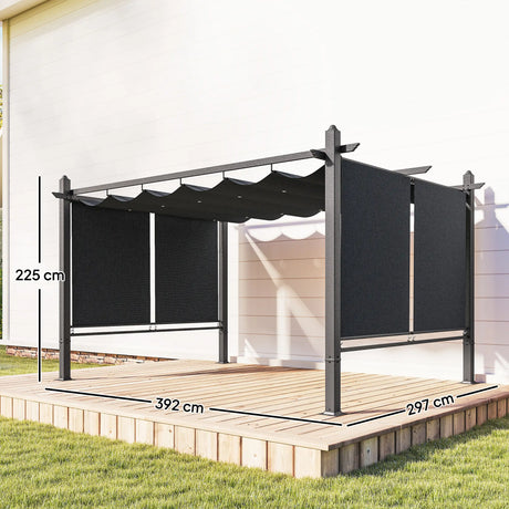 4m x 3m Garden Pergola with Retractable Roof Canopy & Roll-Up Side Panels – Modern Outdoor Gazebo Shelter, Adjustable Sun Shade Patio Cover, Dark Grey