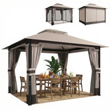3 x 3.6m Ventilated Double Roof Garden Gazebo with Curtains & Mesh Netting, Heavy Duty Metal Frame Outdoor Patio Pavilion, Khaki