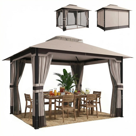 3 x 3.6m Ventilated Double Roof Garden Gazebo with Curtains & Mesh Netting, Heavy Duty Metal Frame Outdoor Patio Pavilion, Khaki