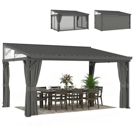4.3m x 3m Lean-To Pergola with Galvanised Steel Roof – Wall-Mounted Garden Gazebo with Netting & Curtains, Heavy-Duty Outdoor Canopy in Dark Grey