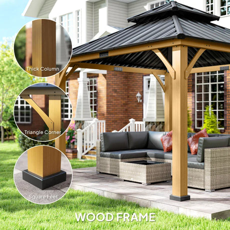 33.5m x 3.5m Wooden Hardtop Gazebo with Two Tier Black Metal Roof - Garden Pavilion Shelter