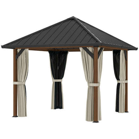 3x3m Hardtop Gazebo - Waterproof Galvanised Steel Roof Pavilion with Netting and Curtains - Walnut Wood Finish Garden Canopy
