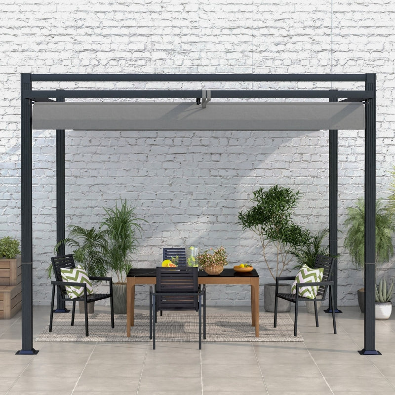 3m x 3m Retractable Roof Aluminium Pergola – Dark Grey Patio Gazebo Shelter with Drainage Grommets, Ground Fixings & Outdoor Shade Canopy