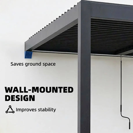 3x3m Wall Mounted Louvered Pergola with LED Lights, Aluminium Frame & Adjustable Metal Roof – Dark Grey Patio Gazebo