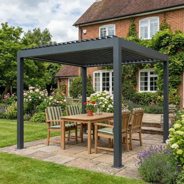 3m x 3m Electric Louvered Aluminium Pergola – Remote Control Roof, Built-In LED Lights, Integrated Drainage, UV & Water Resistant Hardtop Gazebo