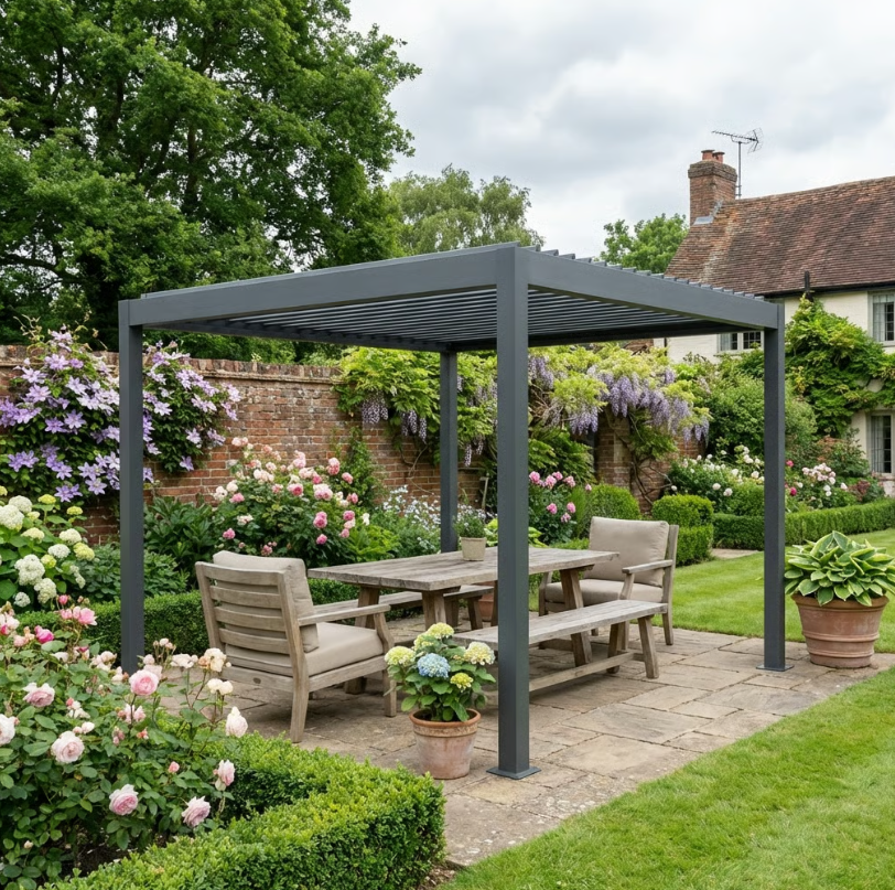 3m x 3m Electric Louvered Aluminium Pergola – Remote Control Roof, Built-In LED Lights, Integrated Drainage, UV & Water Resistant Hardtop Gazebo