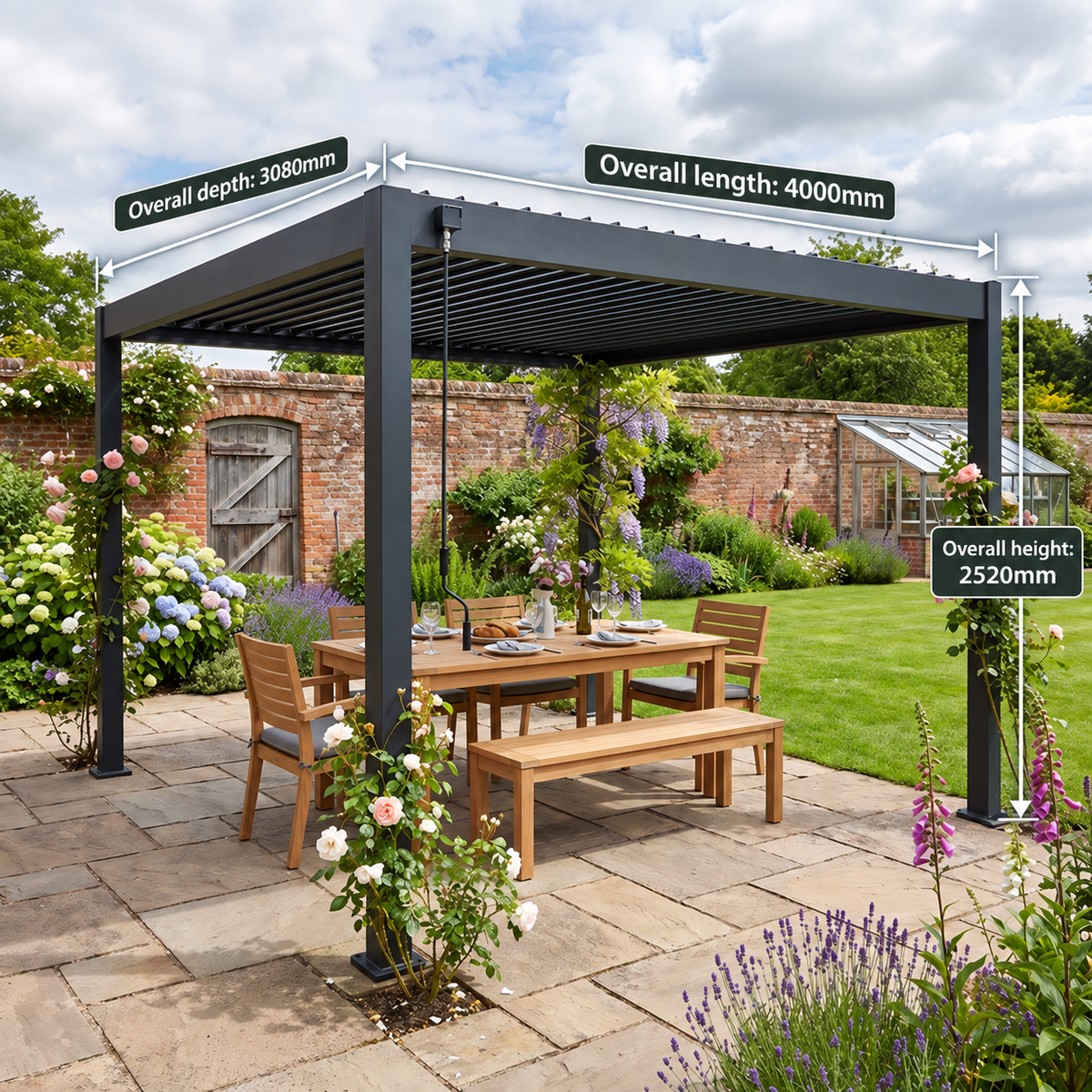 4m x 3m Freestanding Aluminium Garden Pergola with Louvred Roof – Anthracite Grey