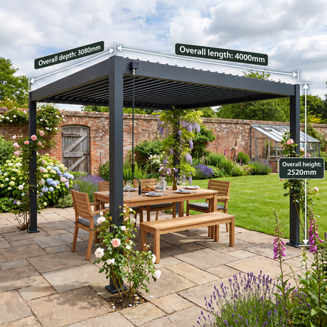 4m x 3m Freestanding Aluminium Garden Pergola with Louvred Roof – Anthracite Grey