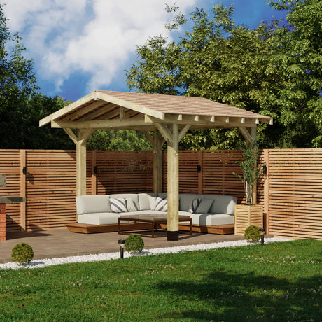 Wooden Apex Gazebo with Cedar Shingle Roof – With Overhang Design