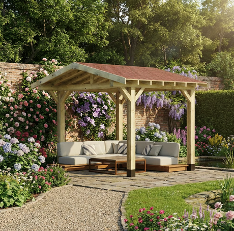 Wooden Apex Gazebo with Katepal Red Shingle Roof & Overhang - Premium Garden Gazebo