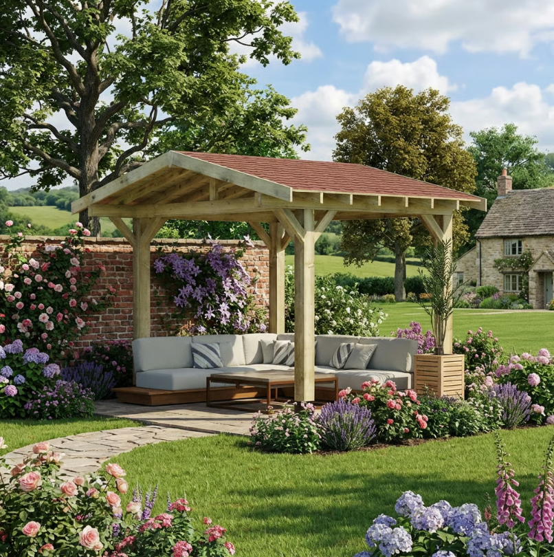 Wooden Apex Gazebo with Katepal Red Shingle Roof & Overhang - Premium Garden Gazebo