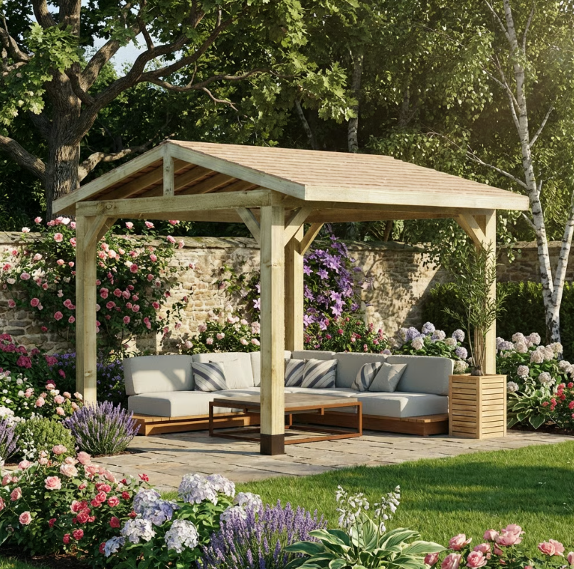 Wooden Apex Gazebo with Cedar Shingle Roof – No Overhang Design